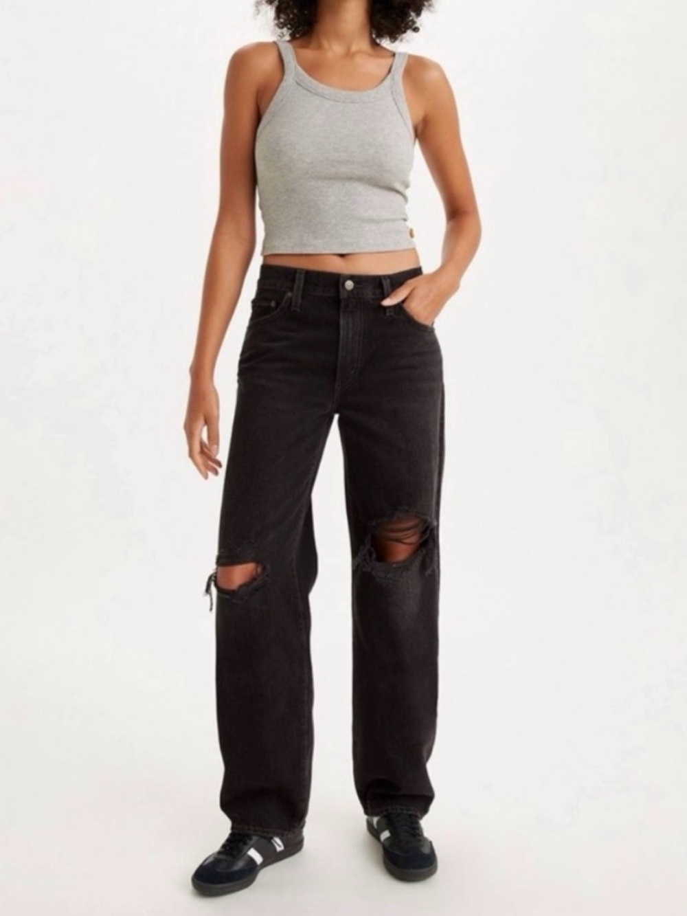 Levi’s Baggy Dad Jeans Women 24 fit 26 Black Distressed Ripped Knee Premium Y2K
